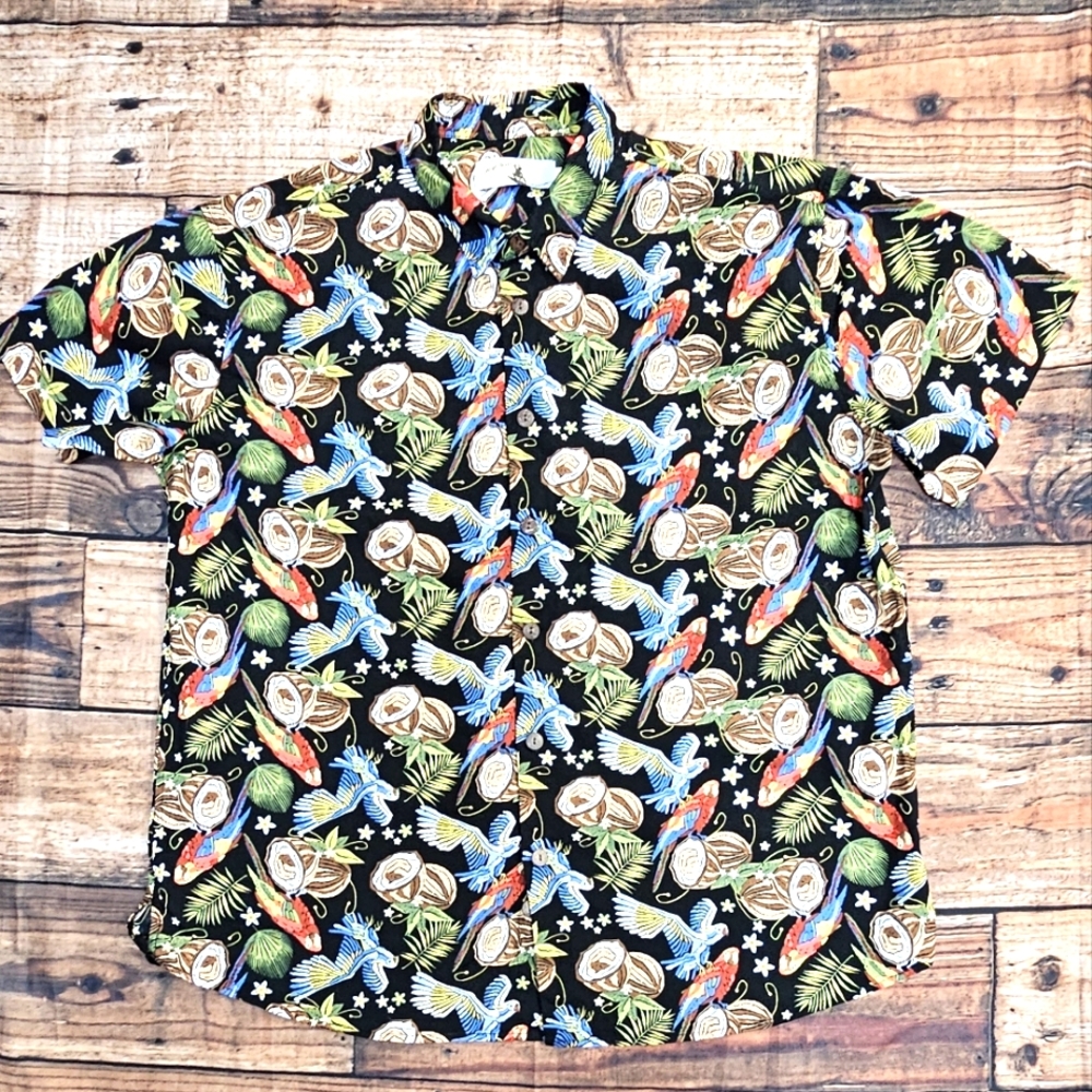 High Surf Men's Blue Parrot Coconut Tropical Cotton Hawaiian Shirt Size 2XL